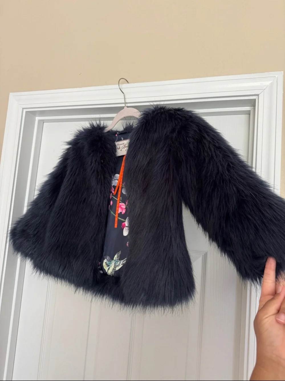 Bakers Black Faux Fur Cape with Floral Lining / Royal Blue - Picture 6 of 9